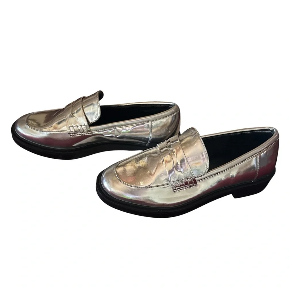 Patent Silver Loafers black lug sole flats slip on shoes 6.5